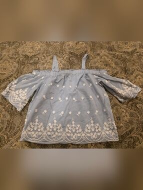 Blue & White Floral Embroidered Off-Shoulder Top - A New Day Size Small